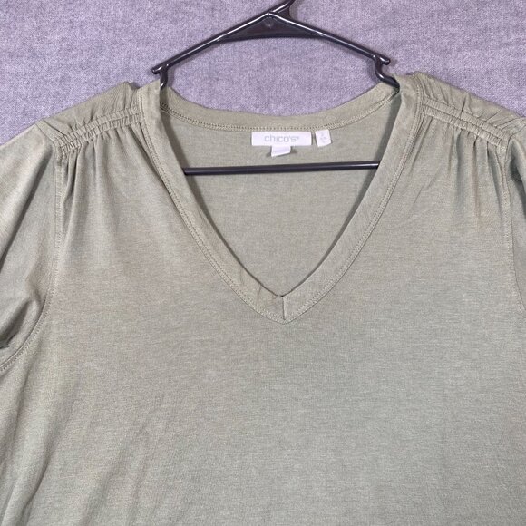 Chicos Olive Green V-Neck Short Sleeve Shirt Pima Cotton & Modal  Womens Size L - Picture 2 of 9